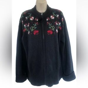Vtg Womans Sz XL Christmas Sweater Black Floral Embroidered Cardigan First Issue